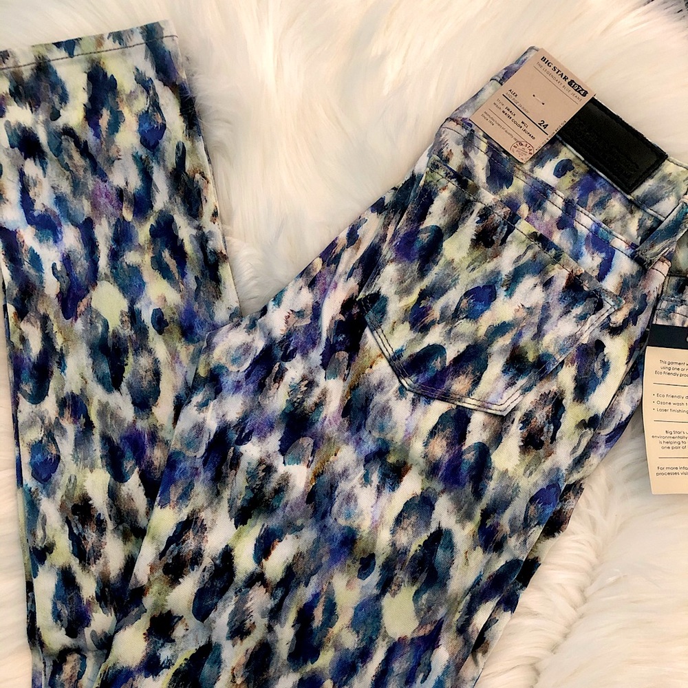 NWT Big Star Alex Mid Rise Skinny Jeans 24 Watercolor Leopard Print Stretch
